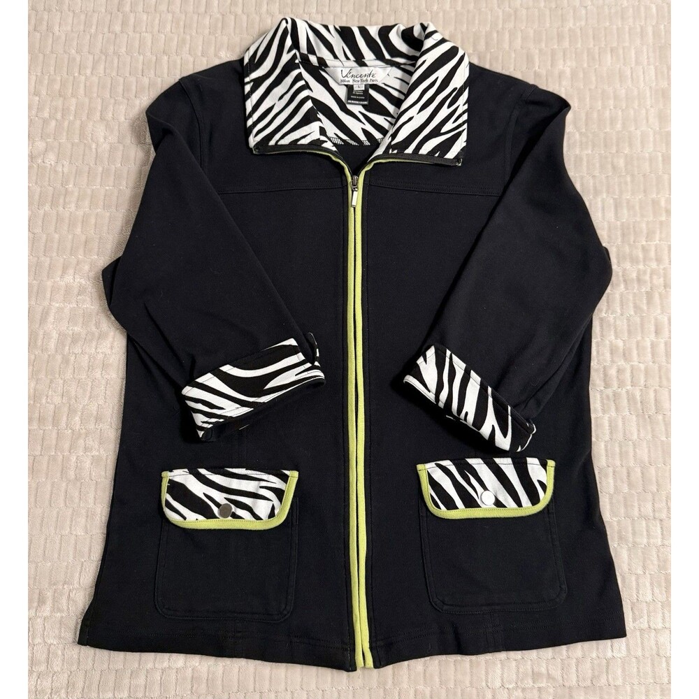 Vicente Women’s Zebra Print Jacket Black Lime Trim Full Zip Size L Lightweight